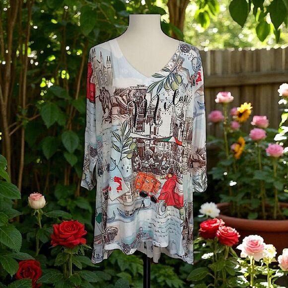 One World Graphic Tunic Top 1X Milan Artsy Plus Size Bling Asymmetric Sublimated - Picture 14 of 16